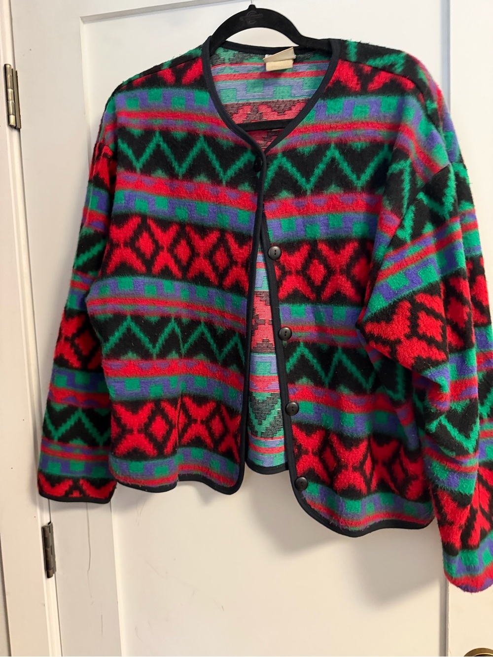 Vintage Multicolor Geometric Bomber Jacket in Red, Green & Purple